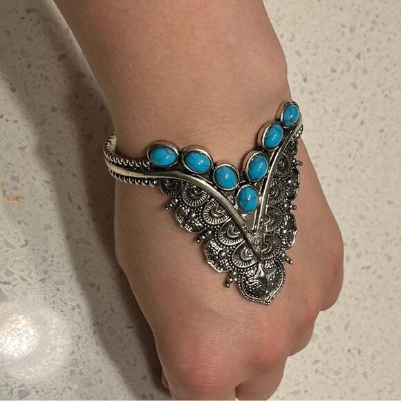 Faux Blue Turquoise Beads Decor Western Cuff Bangle Retro Vintage style - Picture 2 of 8